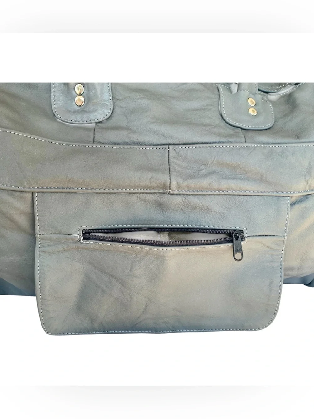 Vintage Leather Duffel Carryall Weekender Bag Gray